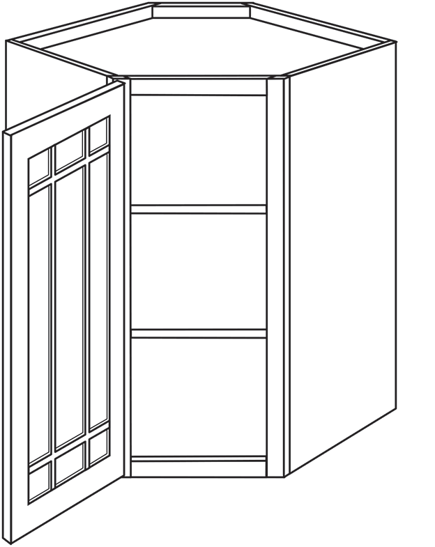 Villanova Shaker Single Door Diagonal Wall Cabinet w/ Prairie Glass Door 27"W x 36"H