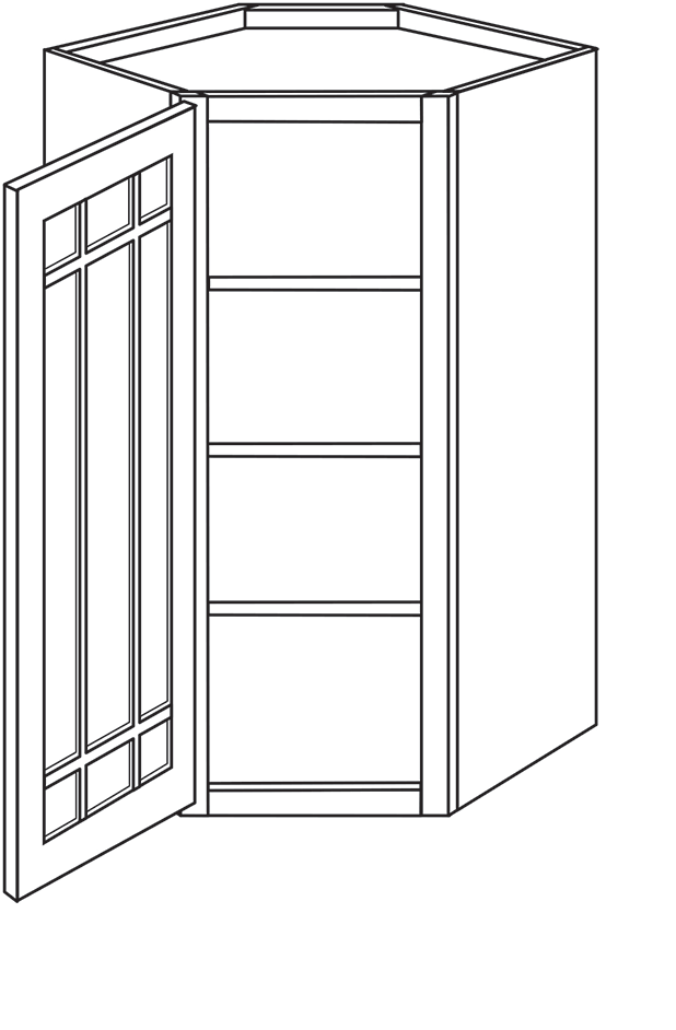 Newtown Shaker Single Door Diagonal Wall Cabinet w/ Prairie Glass Door 24"W x 42"H