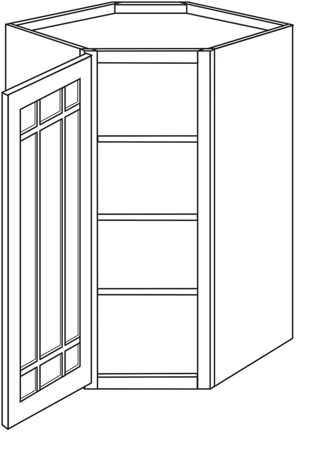 Newtown Shaker Single Door Diagonal Wall Cabinet w/ Prairie Glass Door 27"W x 42"H