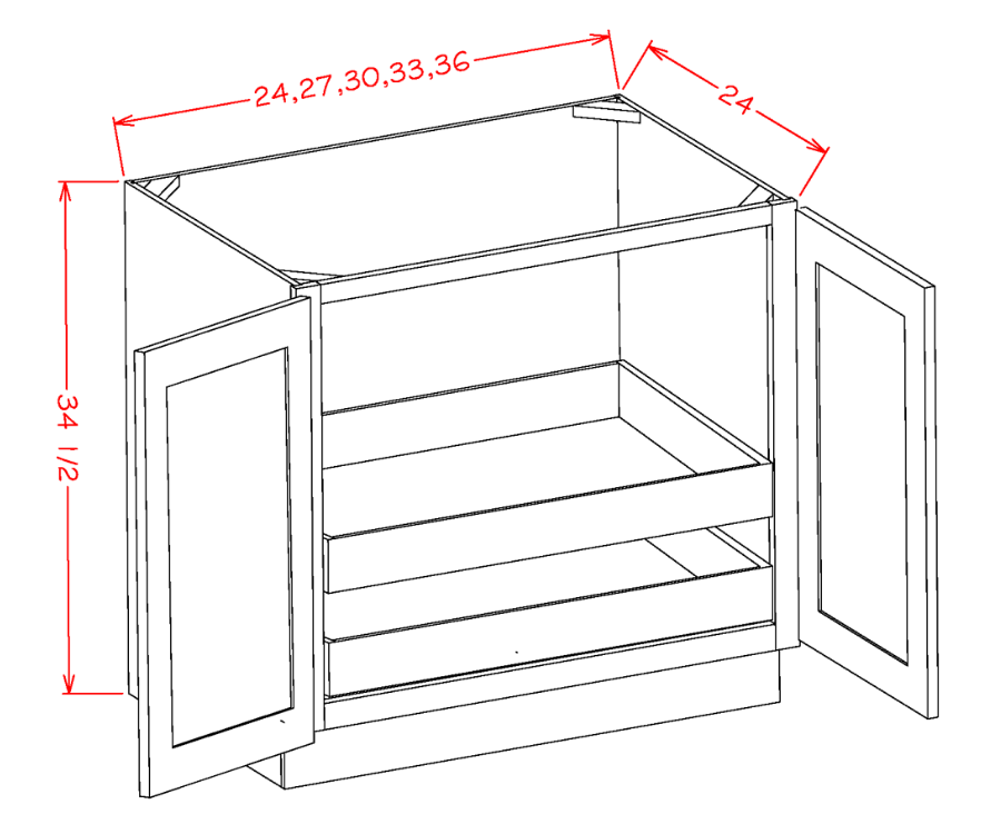 Natural Shaker Base Cabinet with Full Height Door and Two Rollout Shelves - 33"W X 24"D