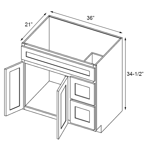 Slim White Oak Vanity Sink Base Right Drawer Stacking Cabinet - 36" W