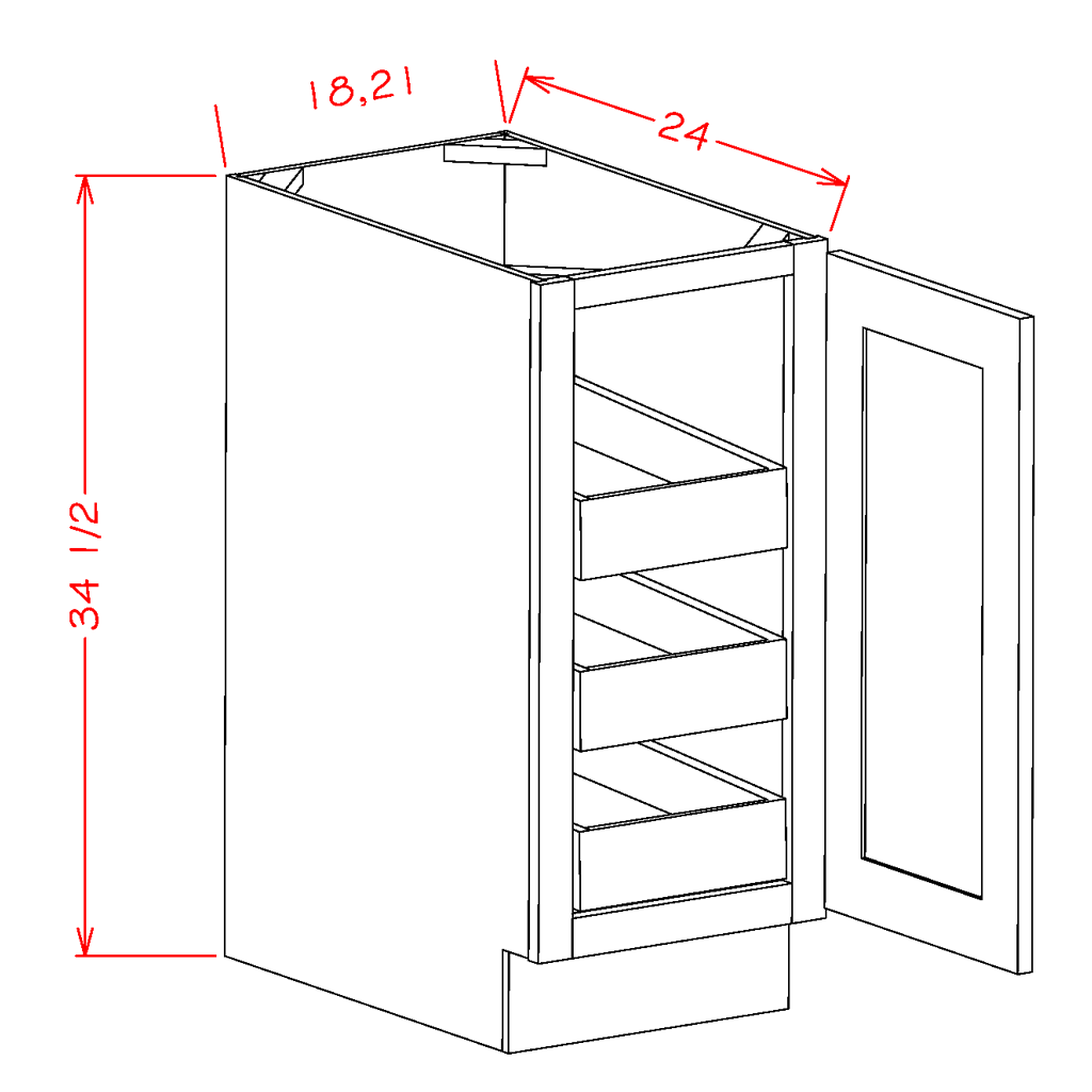 Timber Green Single Door Base Cabinet with Three Rollout Shelves - 18"W x 34-1/2" x 24"D