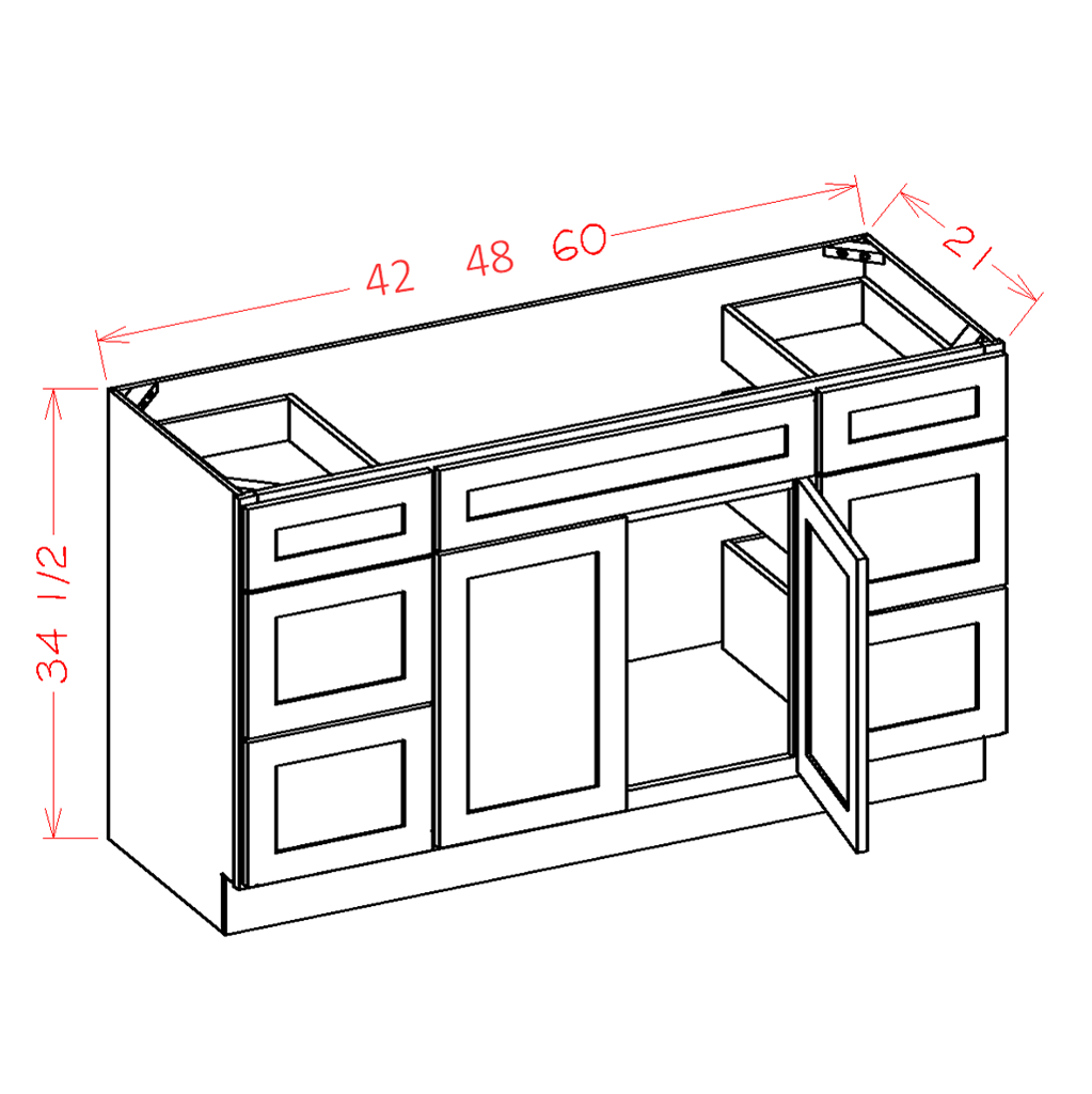 Timber Green Vanity Double Drawer Combo Base Cabinet - 48"W x 34-1/2"H x 21"D