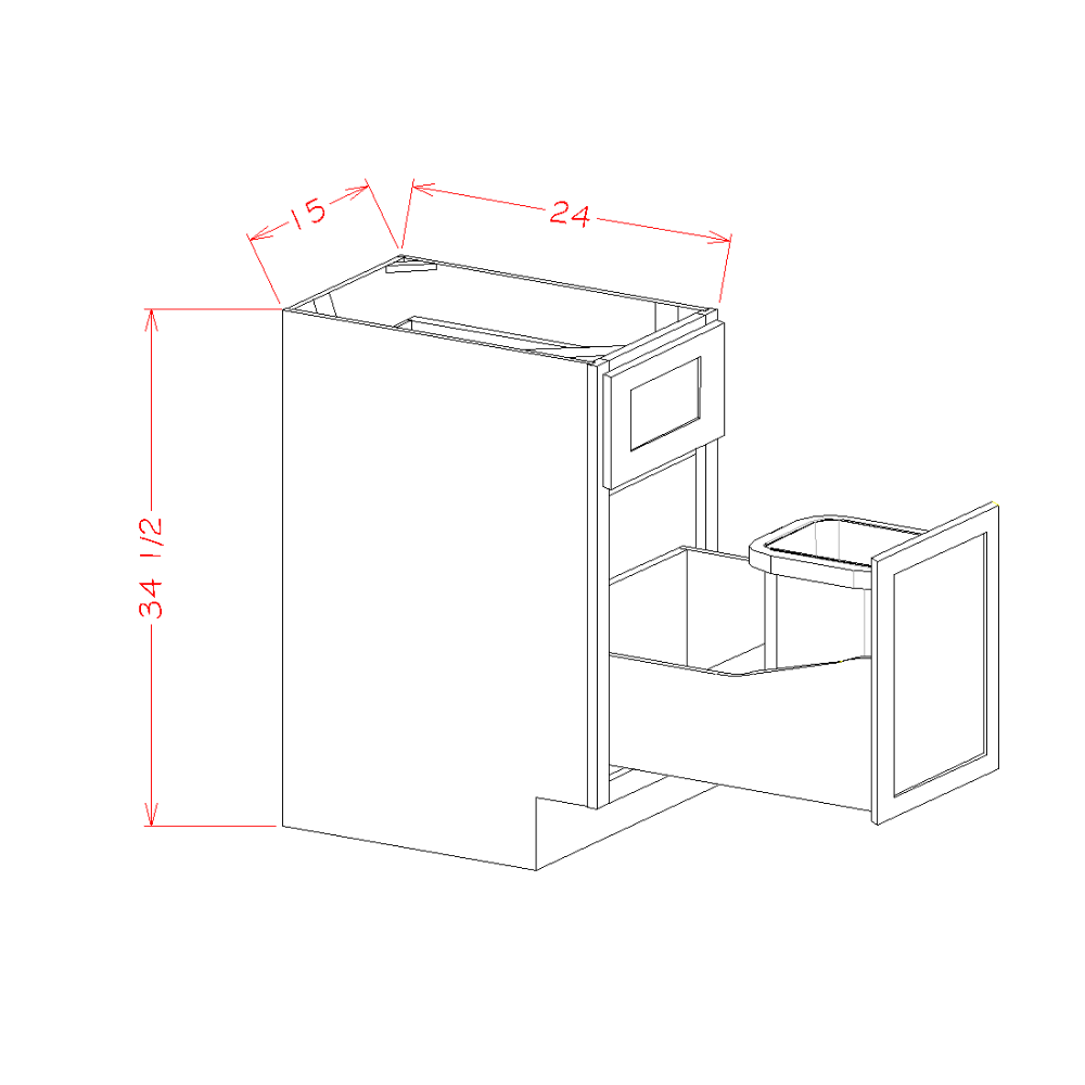 Timber White Base Cabinet with Single Trashcan Pullout - 15"W x 34-1/2"H x 24"D