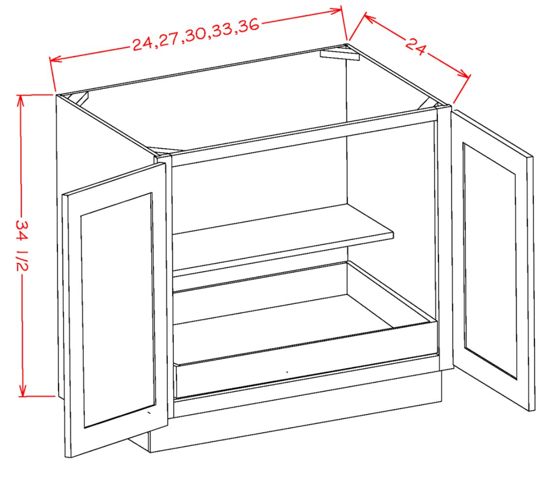 Black Shaker Double Door Base Cabinet with Full Height Door and One Rollout Shelf - 33"W X 24"D