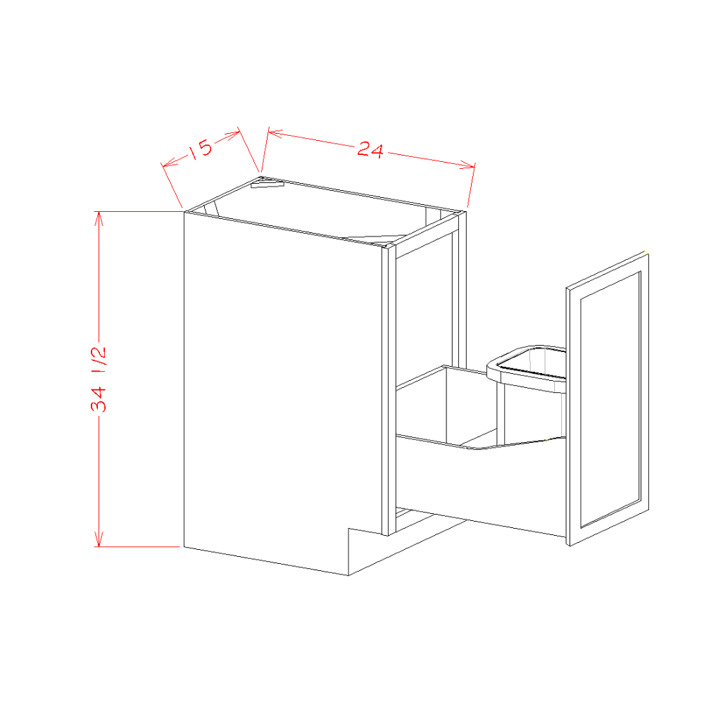Black Shaker Full Height Door Base with Single Trashcan Pullout - 15"W x 34-1/2"H x 24"D
