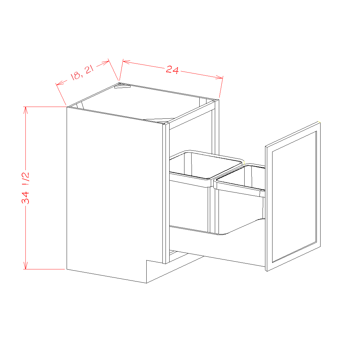 Black Shaker Full Height Door Base with Double Trashcan Pullout - 21"W x 34-1/2"H x 24"D