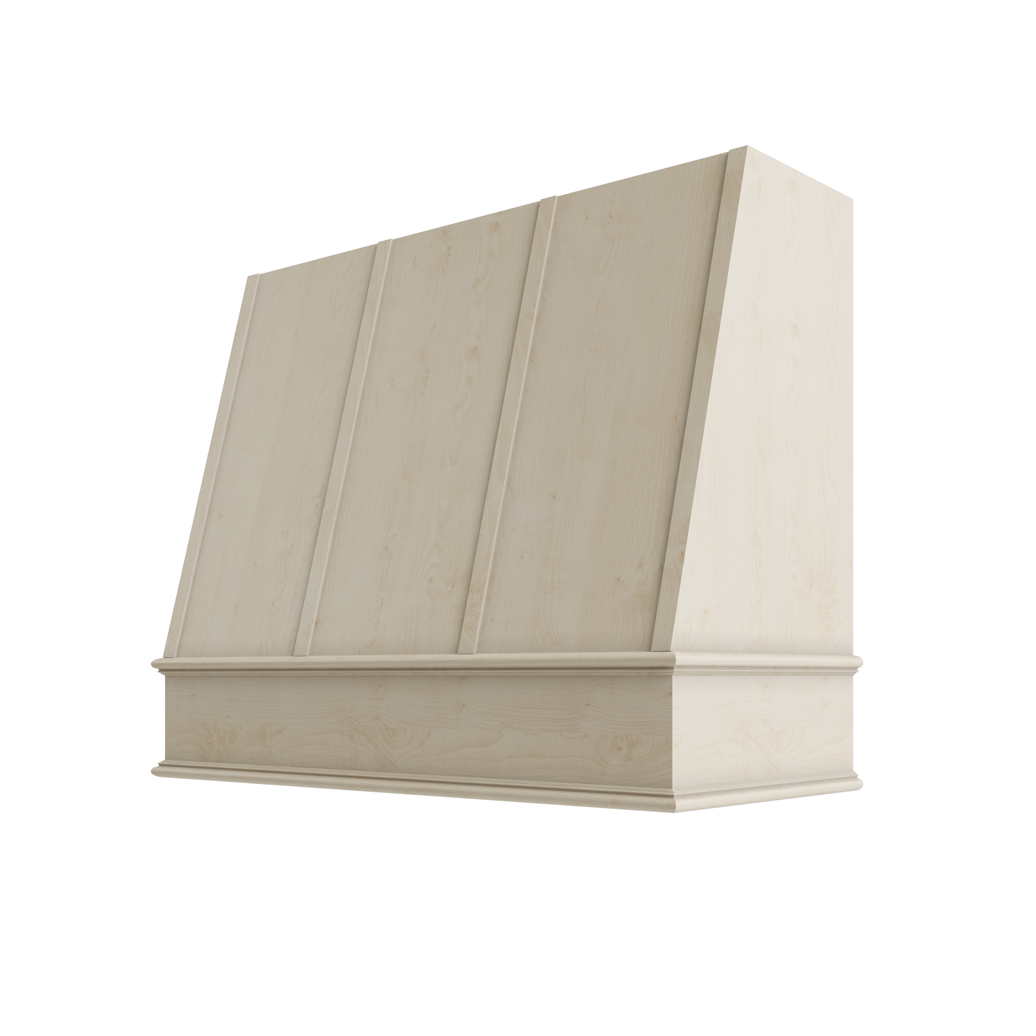 Wood Wall Mount Range Hood with Flat Trim and Strapping – Angled Style
