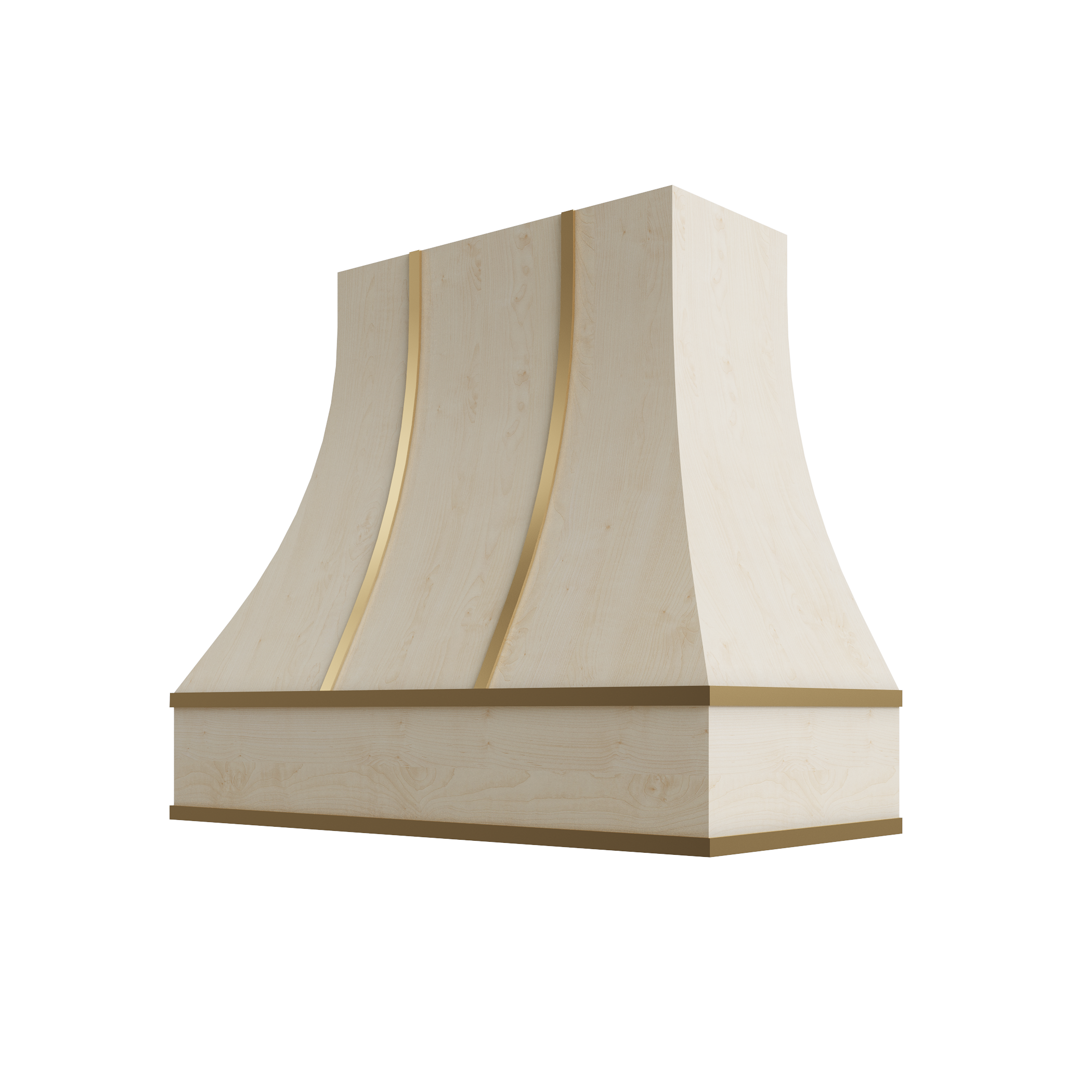 Wood Wall Mount Range Hood with Brass Strapping – Curved Style