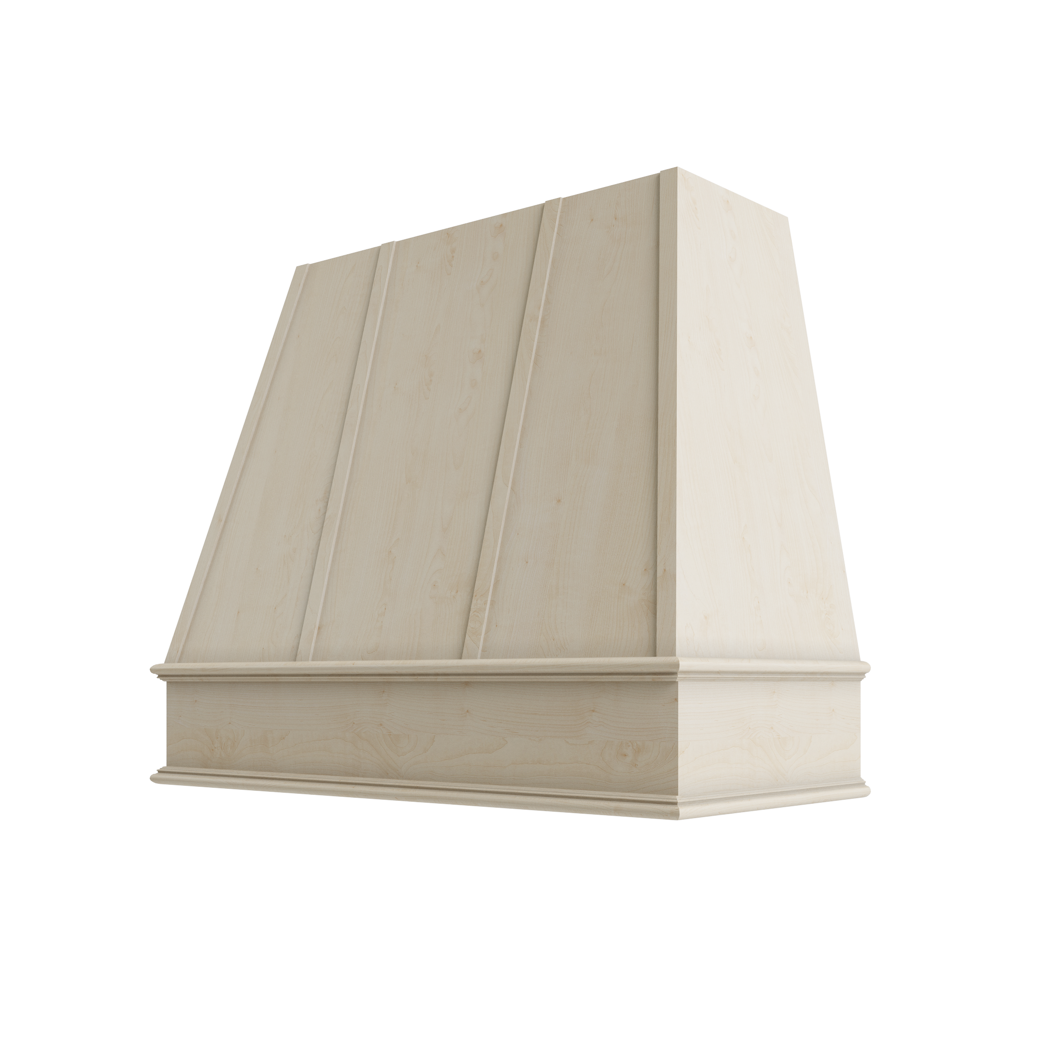 Wood Wall Mount Range Hood with Flat Trim and Strapping – Tapered Style