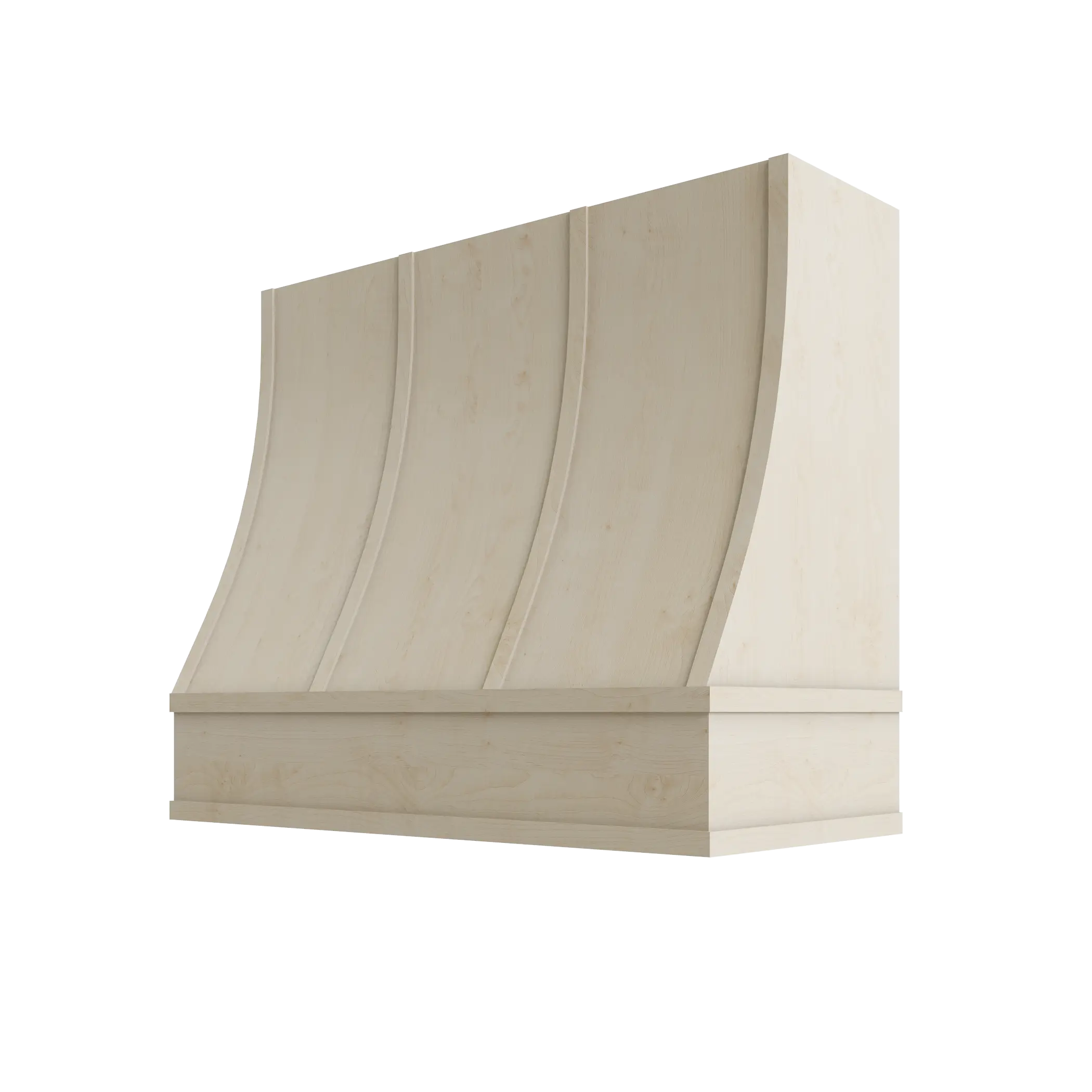 Wood Wall Mount Range Hood with Flat Trim and Strapping – Sloped Style