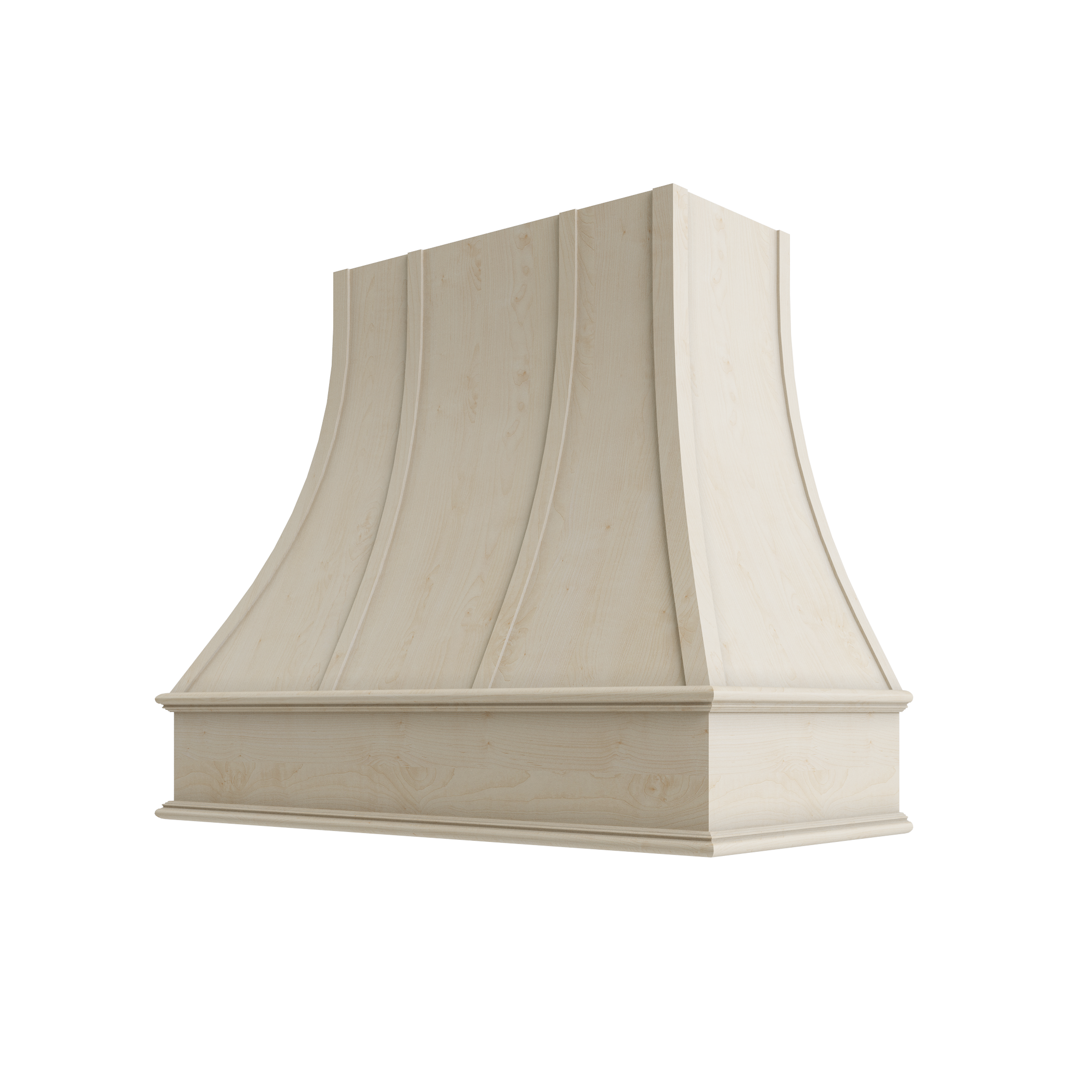 Wood Wall Mount Range Hood with Flat Trim and Strapping – Curved Style