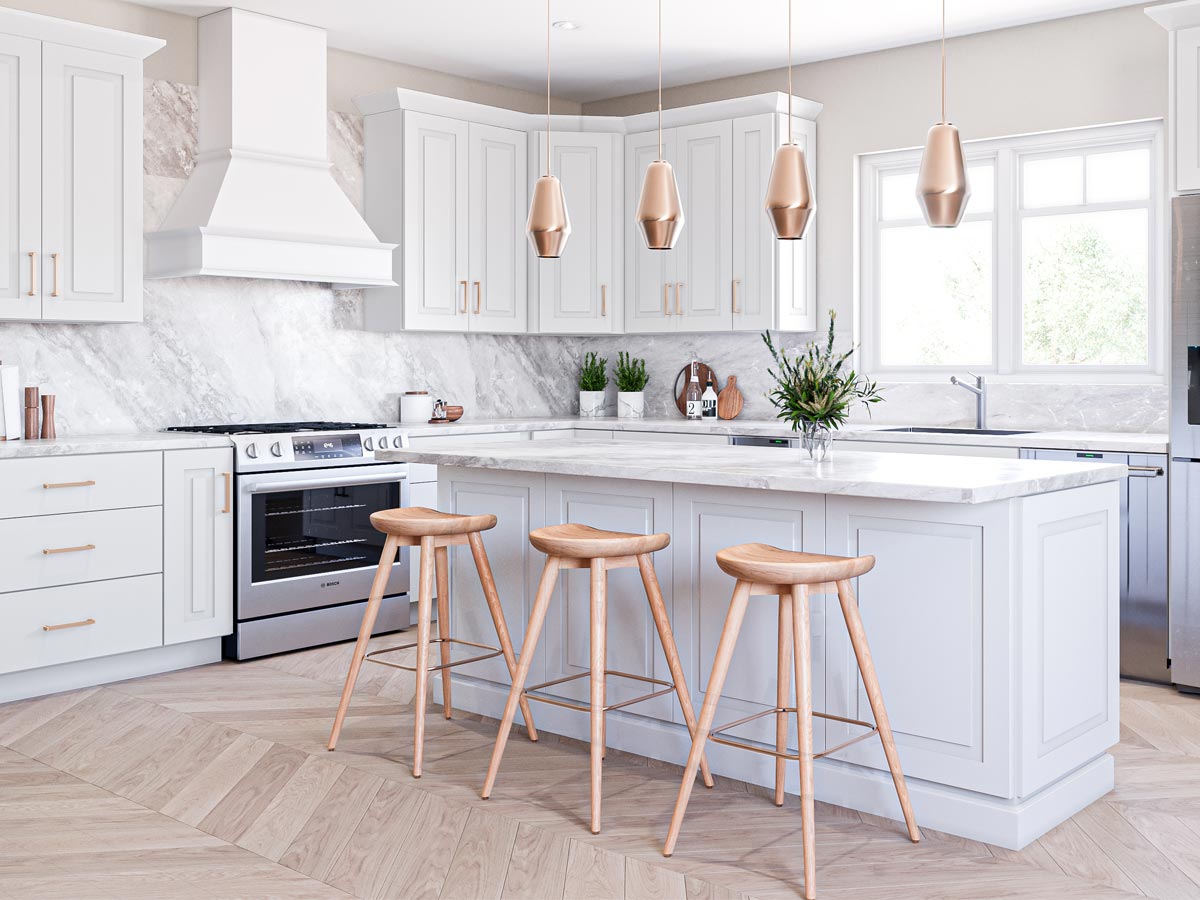 Lexington White Raised Slab Cabinets
