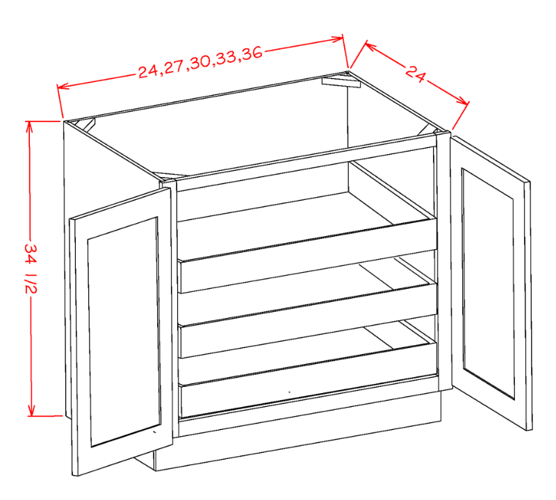 Steel Green Shaker Double Door Base Cabinet with Full Height Door and Three Rollout Shelves - 24"W X 24"D