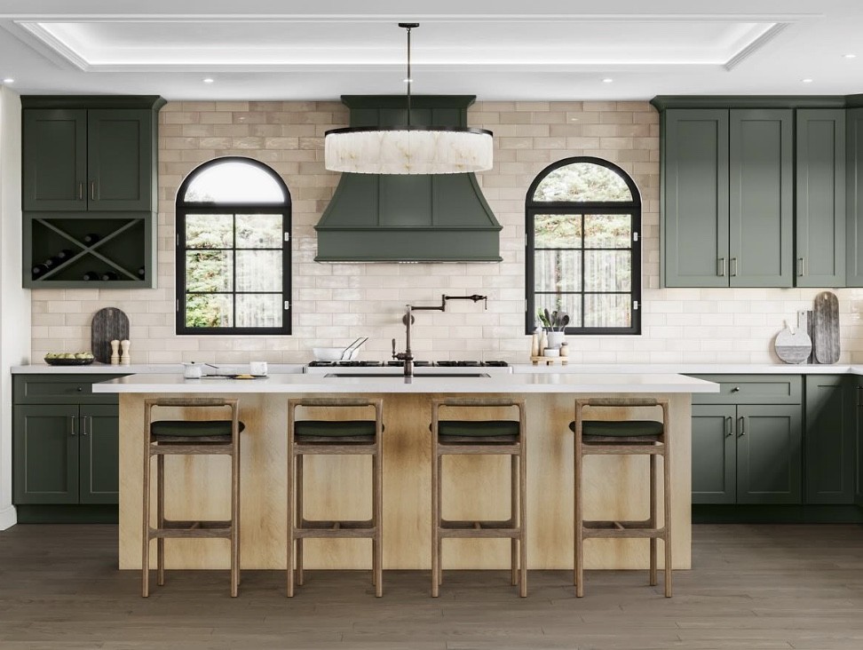 steel green shaker kitchen with natural island